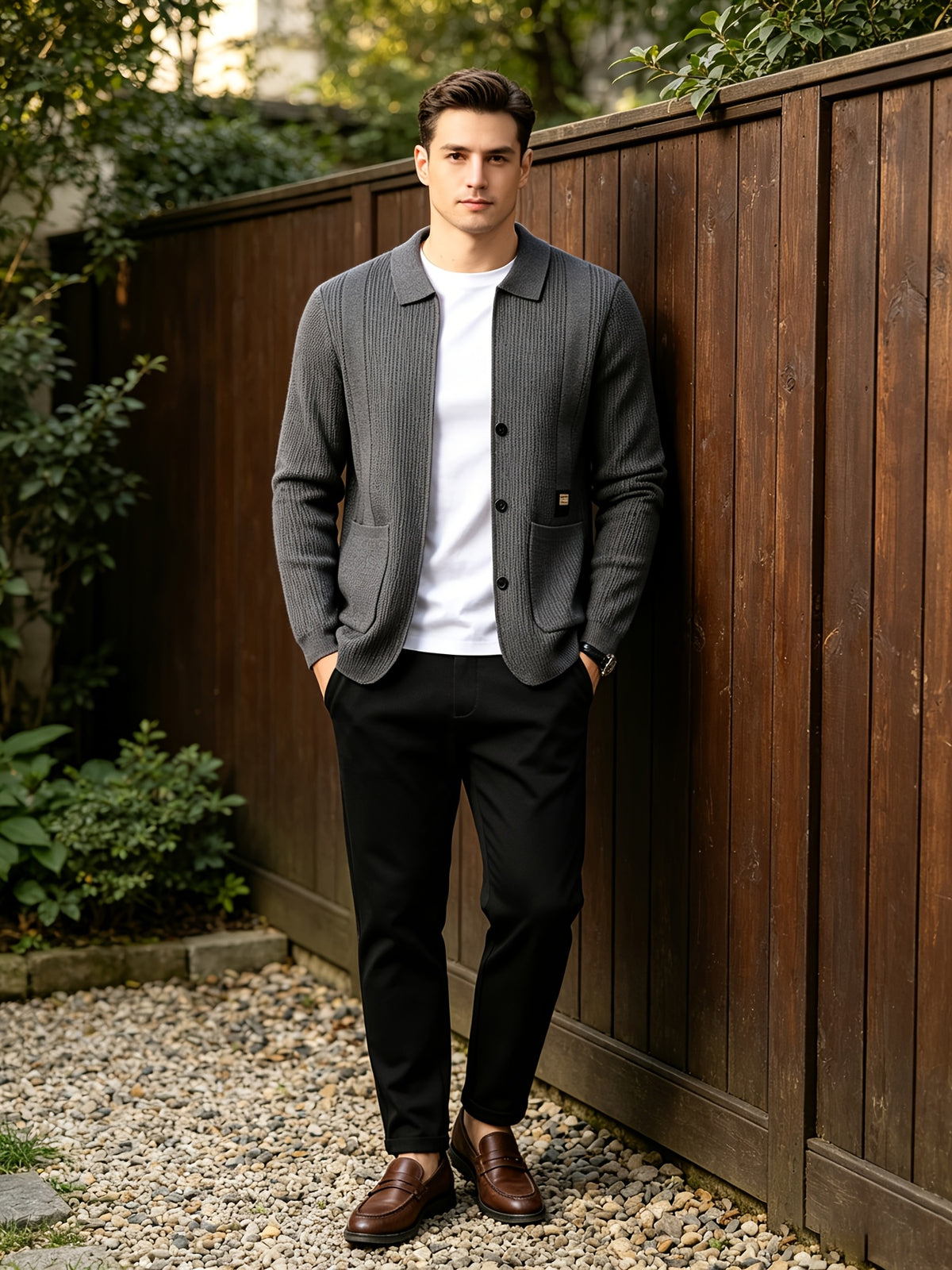 Men's Lightly Mature Business Casual Lapel Knit Cardigan, Vertical Stripe Textured Breathable Wrinkle-Resistant Knit Outerwear, Comfortable, Soft, and Skin-Friendly, with Simple Single-Breasted Design and Dual Pockets, Structured Fit for a Slimming - Dark Gray