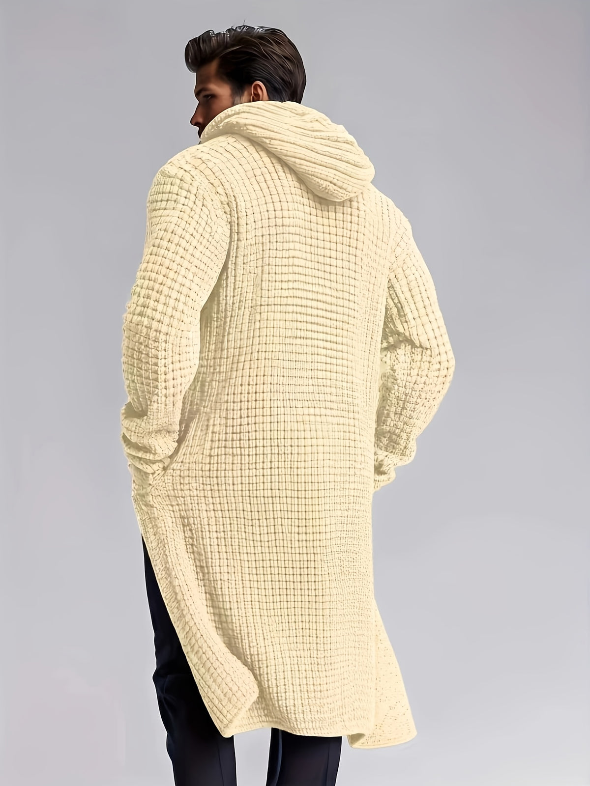 Men's Casual Sport Sweater, Knit Cardigan, Long Hooded Knit Cardigan. The Hooded Design Adds a Casual and Effortless Style, While the Long Length Flatters the Figure. This Simple yet Stylish Piece Is Perfect for Autumn and Winter, Offering Warmth - Apricot