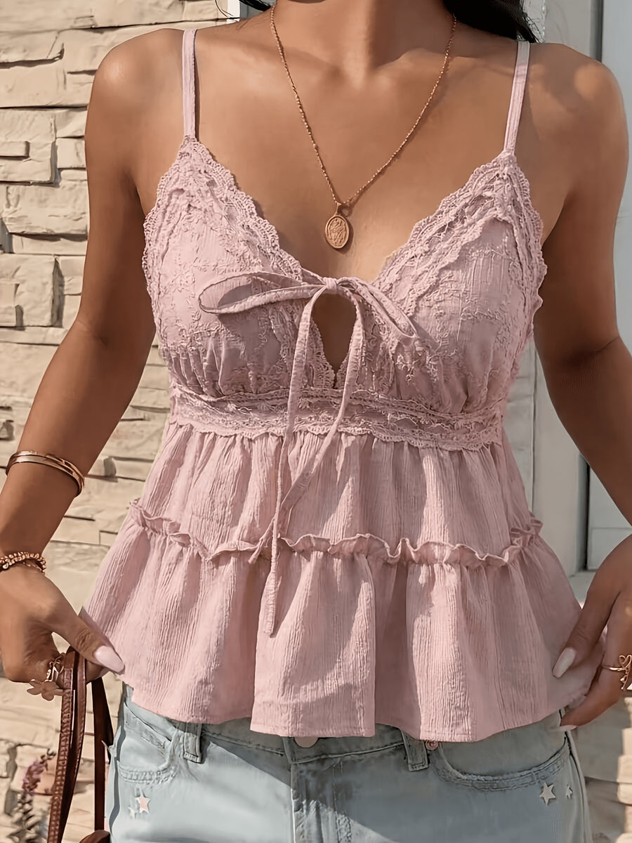 Women'S Apricot Lace Camisole Sexy Top, Solid Fabric with Lace Splice, Suitable for Date Night, Beach Party Summer - Pale Pinkish Gray