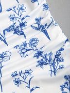 Women'S Spring/Summer Retro Floral Print Sleeveless Stand Collar Slim Jumpsuit - Blue And White