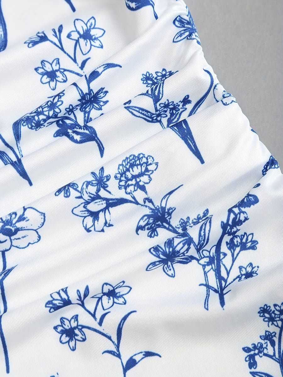 Women'S Spring/Summer Retro Floral Print Sleeveless Stand Collar Slim Jumpsuit - Blue And White