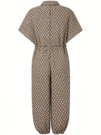 Summer Lapel Short-sleeve Printed Jumpsuit with Front Button Design, Comfortable to Wear, Elegant and Casual Overall for Women, Batwing Sleeve Design, Wide-leg Design with Front Tie, Suitable for Dates, Work, Vacations, Festivals, and Casual Wear - Khaki