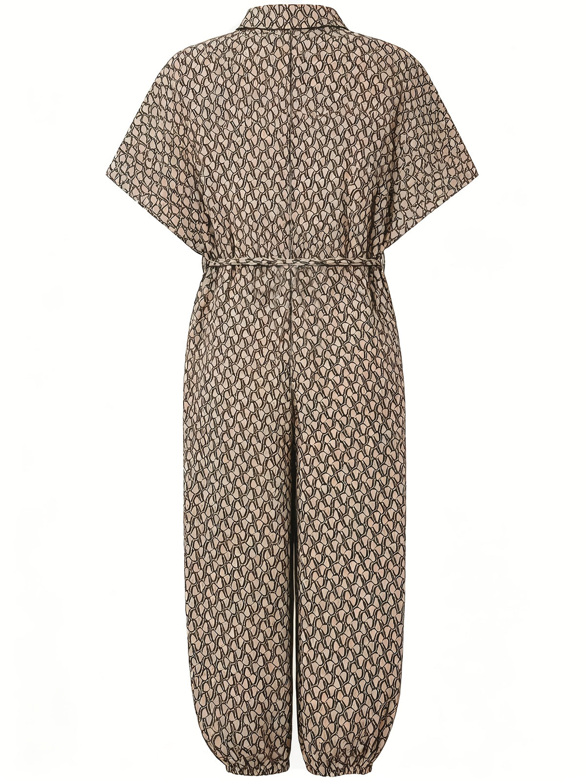 Summer Lapel Short-sleeve Printed Jumpsuit with Front Button Design, Comfortable to Wear, Elegant and Casual Overall for Women, Batwing Sleeve Design, Wide-leg Design with Front Tie, Suitable for Dates, Work, Vacations, Festivals, and Casual Wear - Khaki