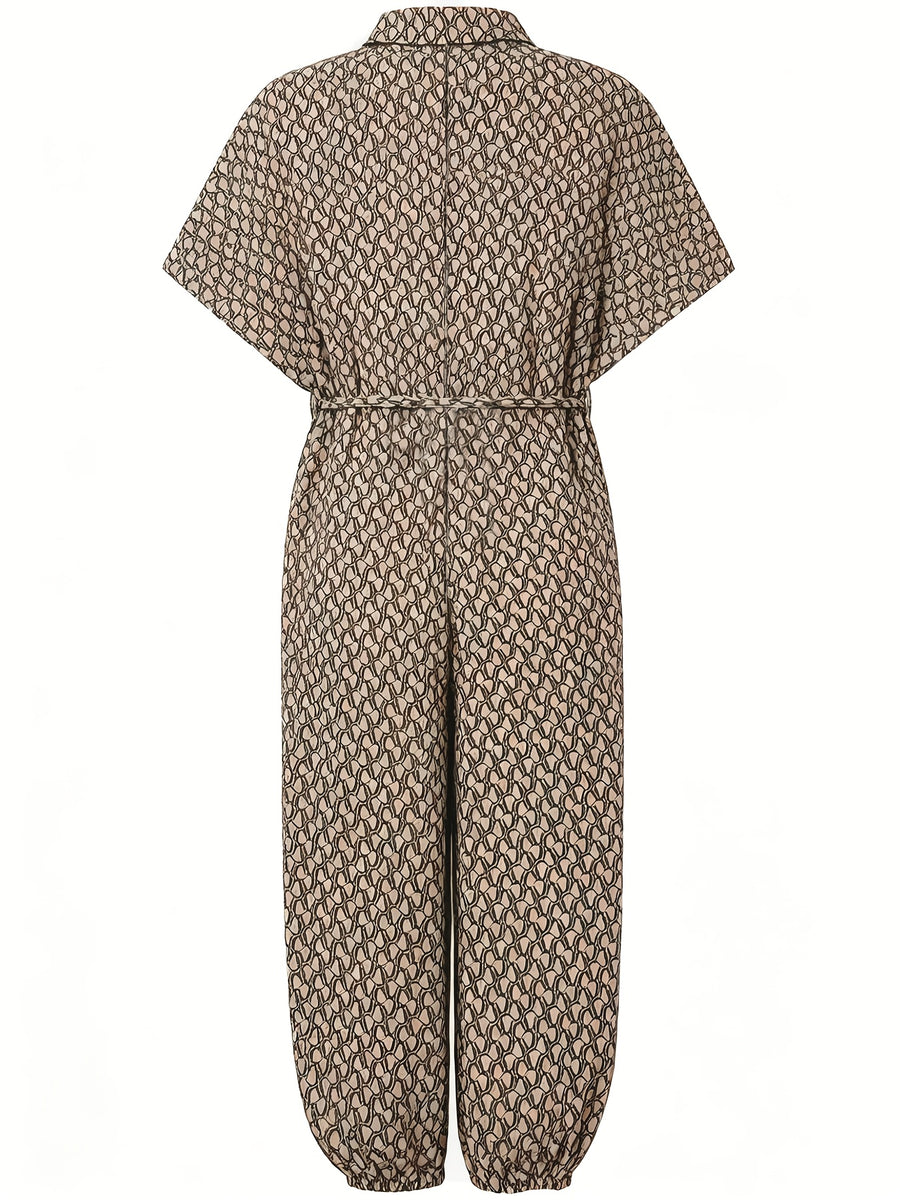 Summer Lapel Short-sleeve Printed Jumpsuit with Front Button Design, Comfortable to Wear, Elegant and Casual Overall for Women, Batwing Sleeve Design, Wide-leg Design with Front Tie, Suitable for Dates, Work, Vacations, Festivals, and Casual Wear - Khaki