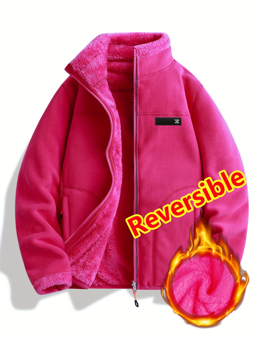 Women's Spring Casual Jacket, Thickened Shaggy Warm Printed Reversible Coral Sweatshirt, Double-Sided Outerwear - Rose Red