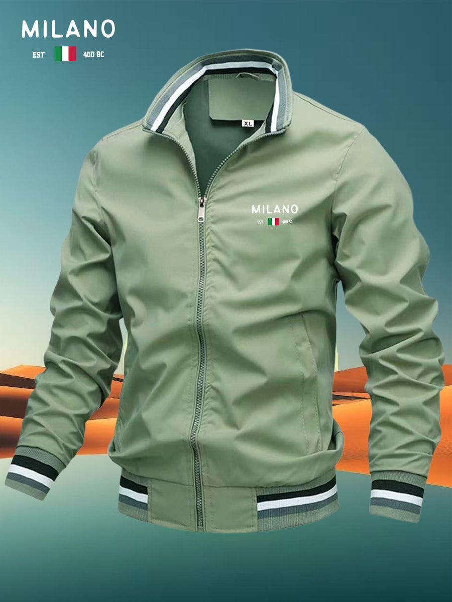 Men'S Versatile Casual Milan Element Stand-Up Collar Baseball Jacket, Contrast Ribbed Design, Windproof And Stiff, Spring Autumn Daily Commute Casual Versatile Top - Light Green