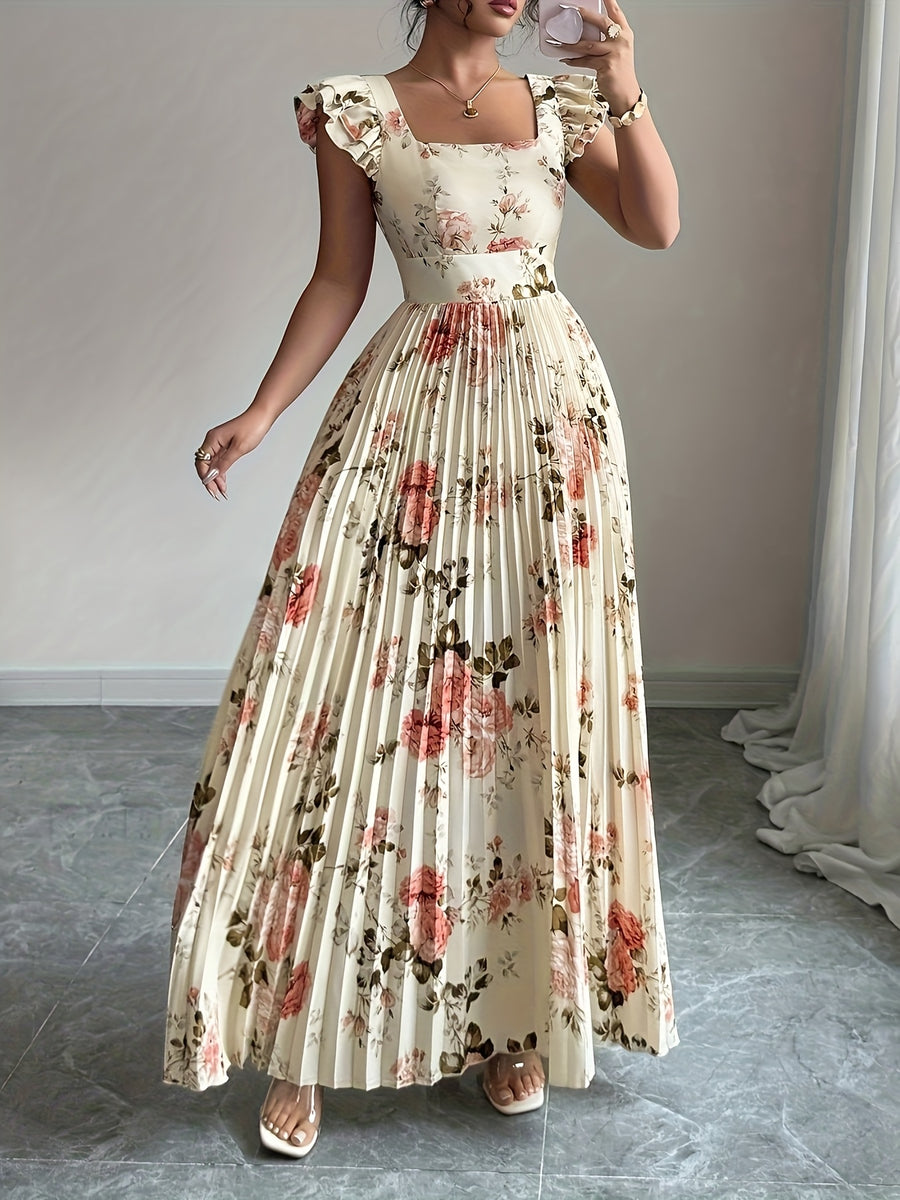 Women'S Elegant Floral Print Pleated Hem Long Dress, Summer - Multicolor