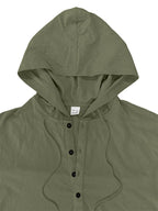 1pc Daily Holiday Outfit Essential, Minimalist Casual Style Pleated Breathable Linen Men'S Hooded Long Sleeve Polo Shirt, Half-Button Loose Non-Stuffy, Outdoor Commute All-Season Men'S Clothing - Green