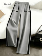 Grey Autumn and Winter Business Casual Wide Leg Straight Leg Pants, Stylish and Elegant Splicing Design, Loose Commuting Multi-purpose Pants, Suitable for Wearing in Spring and Autumn Seasons, Elastic Back Waist Casual Multifunctional Pants - Lead Color