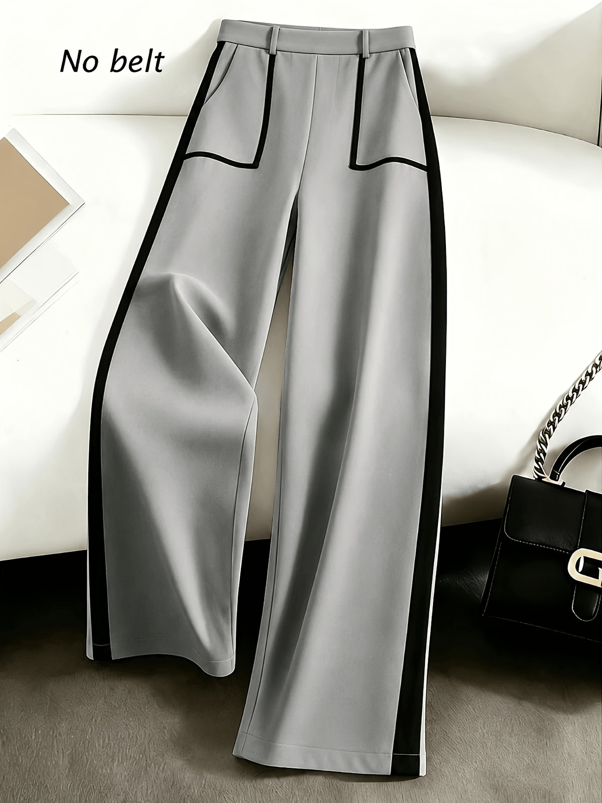 Grey Autumn and Winter Business Casual Wide Leg Straight Leg Pants, Stylish and Elegant Splicing Design, Loose Commuting Multi-purpose Pants, Suitable for Wearing in Spring and Autumn Seasons, Elastic Back Waist Casual Multifunctional Pants - Lead Color