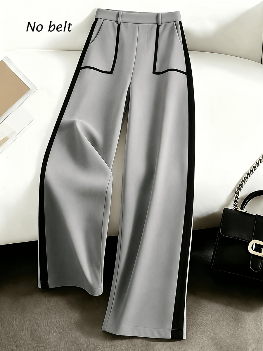 Grey Autumn and Winter Business Casual Wide Leg Straight Leg Pants, Stylish and Elegant Splicing Design, Loose Commuting Multi-purpose Pants, Suitable for Wearing in Spring and Autumn Seasons, Elastic Back Waist Casual Multifunctional Pants - Lead Color