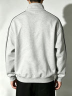 Men's Sporty Casual Half-Zip Stand Collar Sweatshirt, Thickened Polyester Fiber, Wear-Resistant and Non-Deforming, with Contrast Color Stripes on the Sides, Side-Seam Pockets, Loose Fit Long Sleeves, Versatile Solid Color Basic Top for Fitness Spring - Light Twist Gray