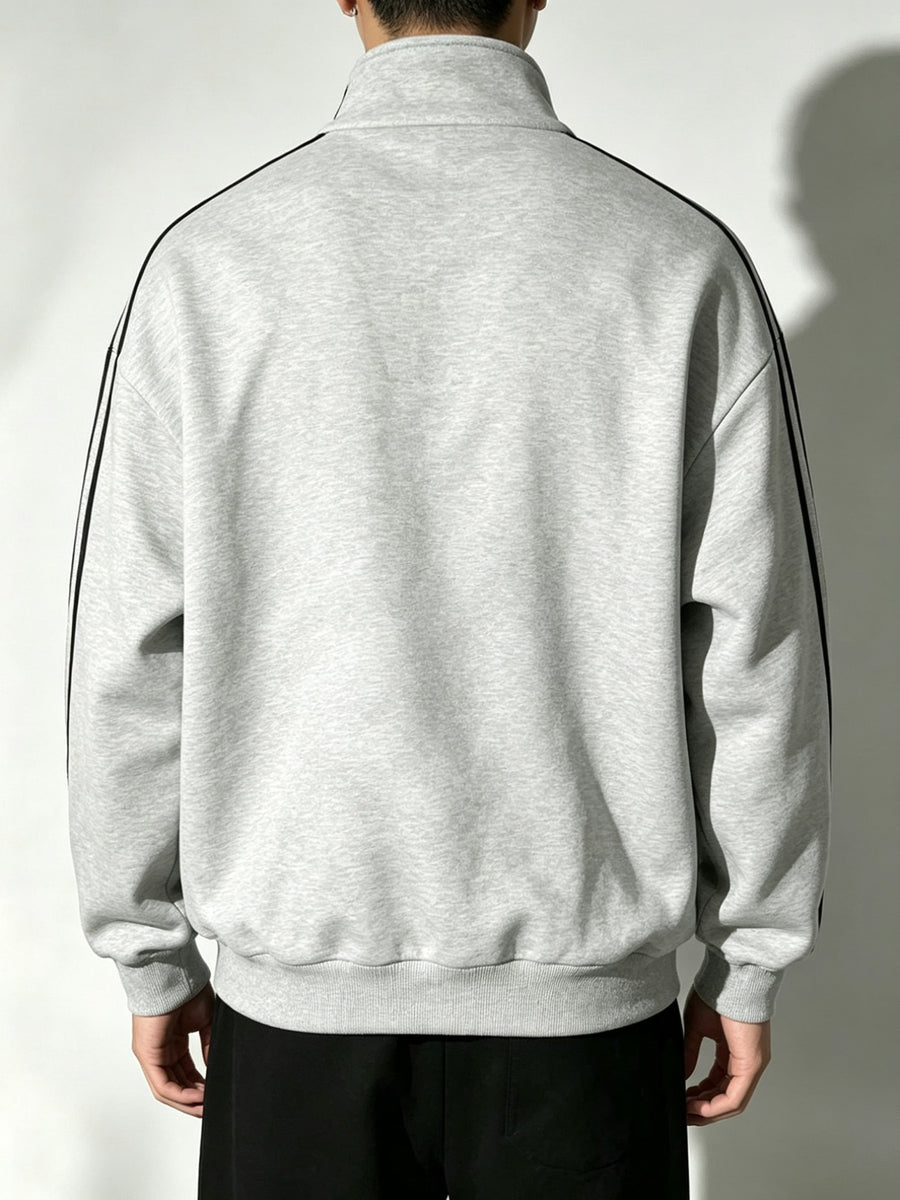 Men's Sporty Casual Half-Zip Stand Collar Sweatshirt, Thickened Polyester Fiber, Wear-Resistant and Non-Deforming, with Contrast Color Stripes on the Sides, Side-Seam Pockets, Loose Fit Long Sleeves, Versatile Solid Color Basic Top for Fitness Spring - Light Twist Gray