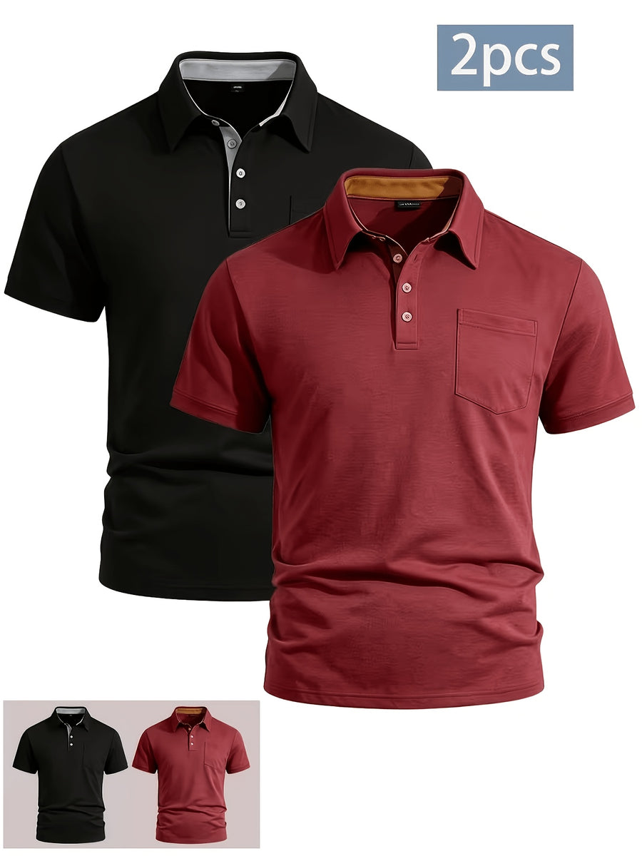 2pcs Set Men's Casual Solid Color Lapel Short-sleeve Polo Shirt with Casual Utility Pocket Design, Suitable for Business Casual Wear - Black + Red