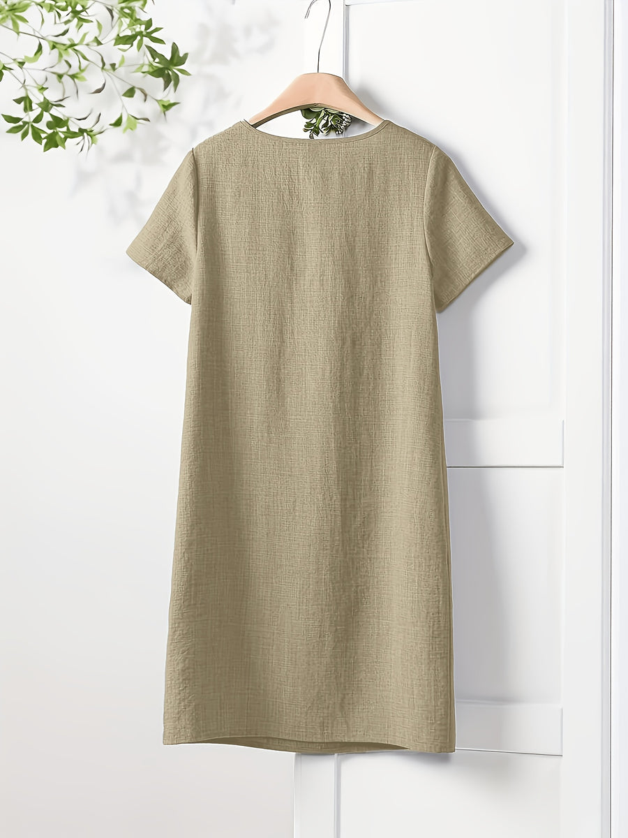 Women's Short-Sleeve Dress with Functional Pockets - Straight-Cut -Line Mid-Length Dress, Loose Fit Round Neck Short Sleeve Dress Suitable for Spring Summer Fall, Casual to Semi-Formal Wear, Machine Washable Solid Color Dress - Khaki
