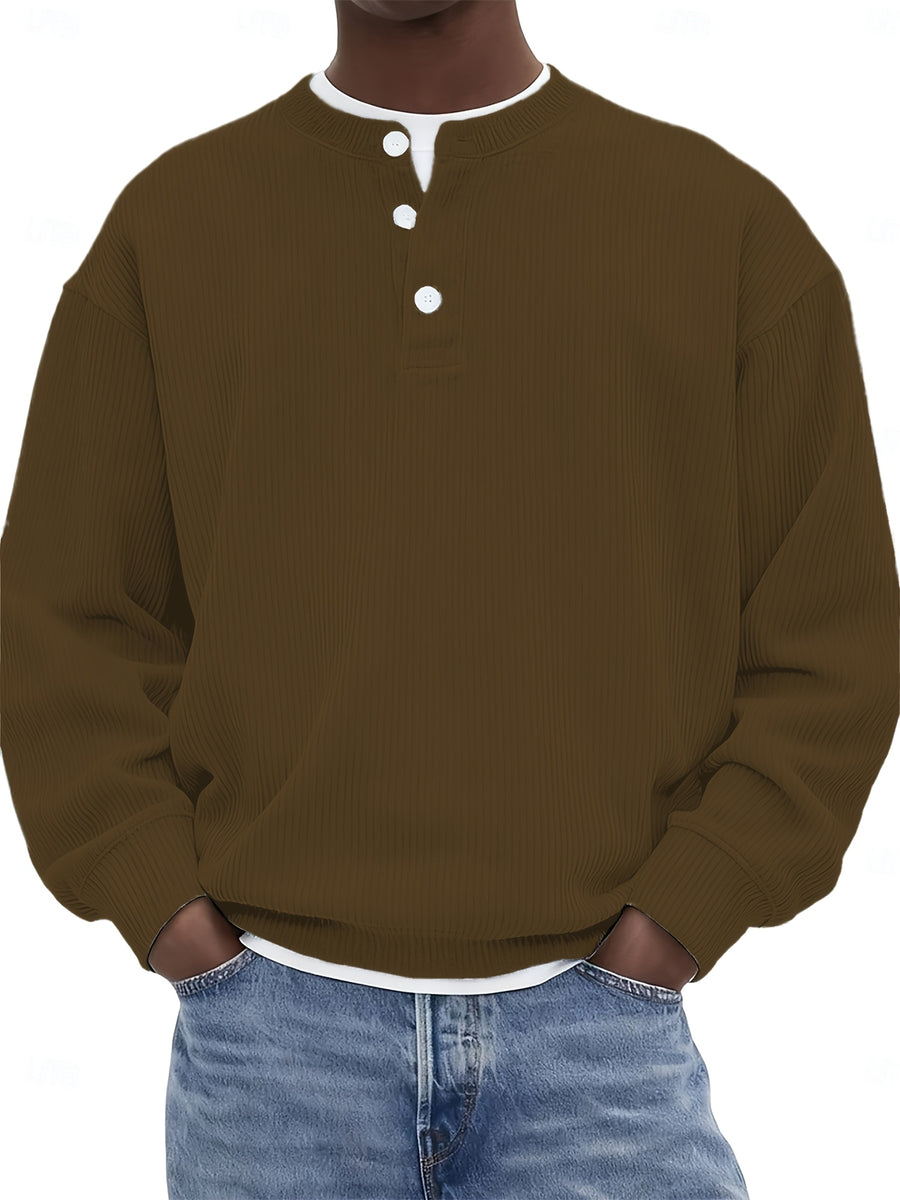 [Josh Mei Obm] Men'S Casual V-Neck Long Sleeve Loose Solid Color Henley Shirt, Welding Autumn'S Relaxed Feel Onto The Body, Lazy Daily Wear - Light Brown-1