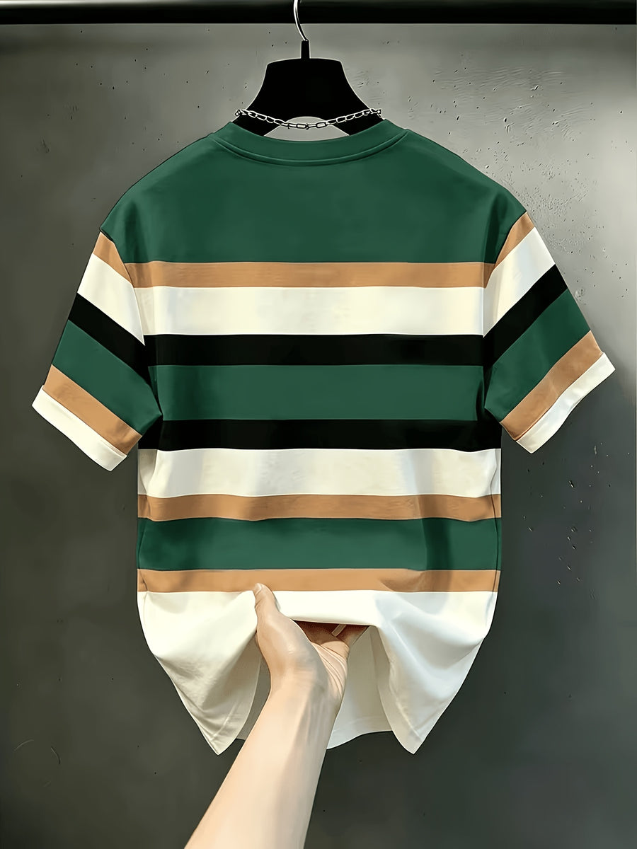 Men's Casual Crew Neck T-Shirt with Vertical Striped Contrast Color - Breathable Regular Fit Suitable for Daily & Formal Wear, All-Season, Durable Machine-Washable Fabric, Sporty Style for Teens & Adults, Gift for Outdoor Activities - Dark Green