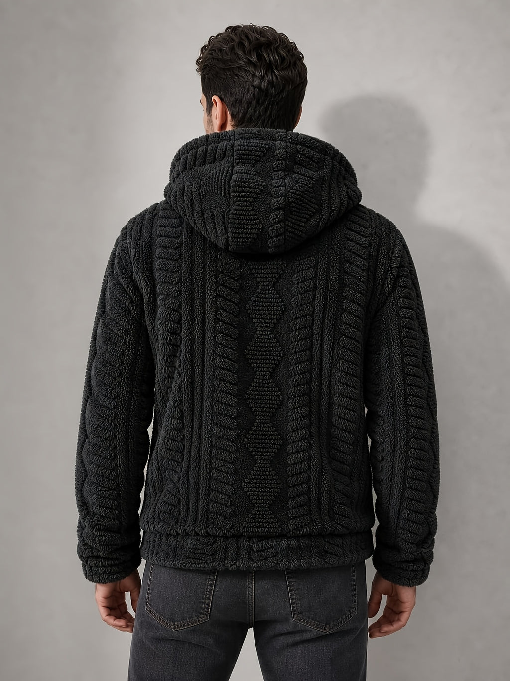 Men'S Plush Fleece Hooded Jacket, Full-Zip Long Sleeve Outerwear with Hand Pockets, Elastic Cuffs And Hem, Solid Color Textured Casual Jacket for Fall/Winter Daily Wear, Travel And Outdoor Activities - Black