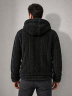Men'S Plush Fleece Hooded Jacket, Full-Zip Long Sleeve Outerwear with Hand Pockets, Elastic Cuffs And Hem, Solid Color Textured Casual Jacket for Fall/Winter Daily Wear, Travel And Outdoor Activities - Black