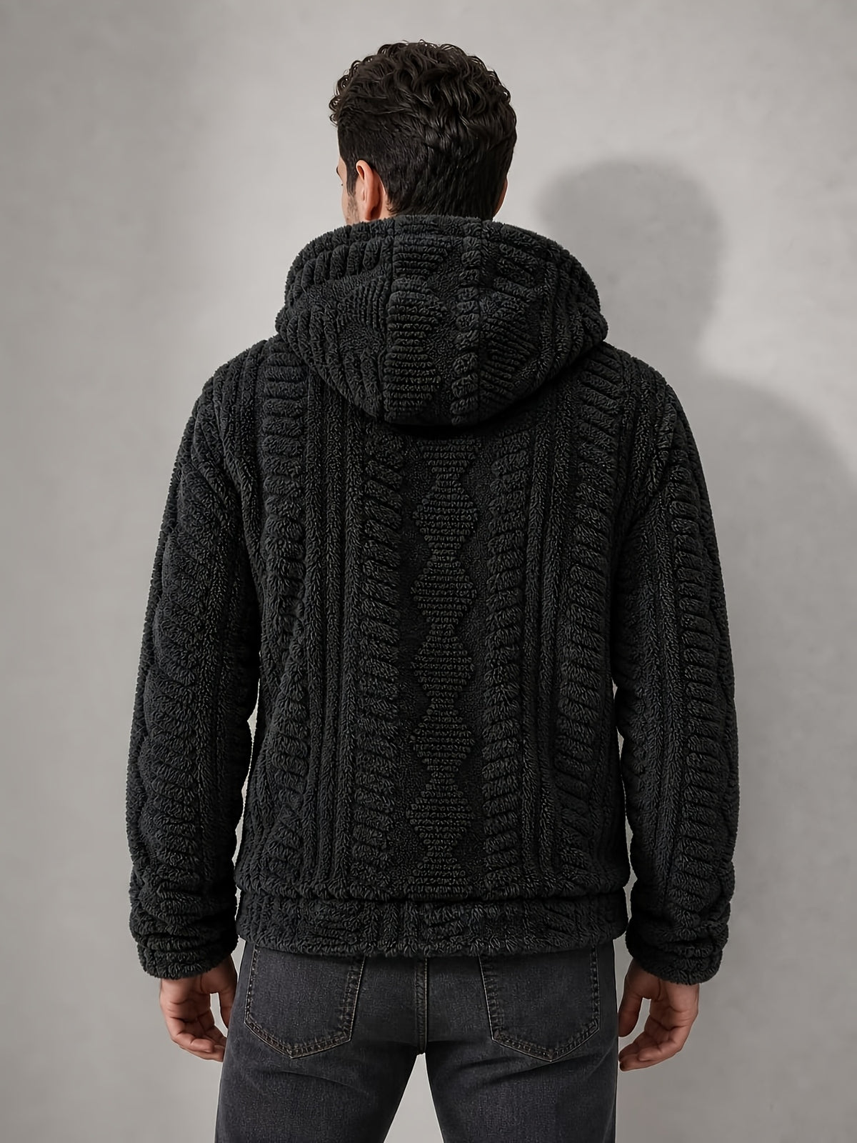 Men'S Plush Fleece Hooded Jacket, Full-Zip Long Sleeve Outerwear with Hand Pockets, Elastic Cuffs And Hem, Solid Color Textured Casual Jacket for Fall/Winter Daily Wear, Travel And Outdoor Activities - Black