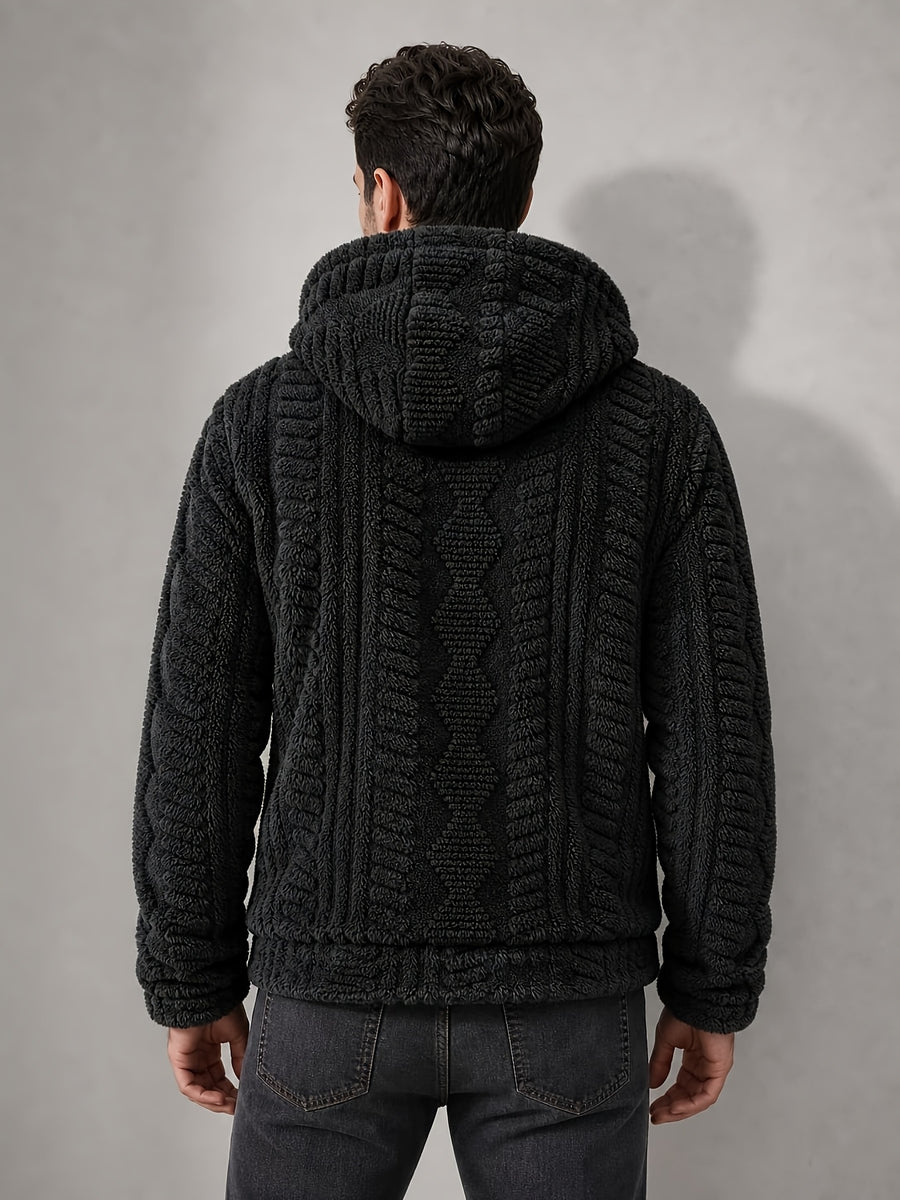 Men'S Plush Fleece Hooded Jacket, Full-Zip Long Sleeve Outerwear with Hand Pockets, Elastic Cuffs And Hem, Solid Color Textured Casual Jacket for Fall/Winter Daily Wear, Travel And Outdoor Activities - Black