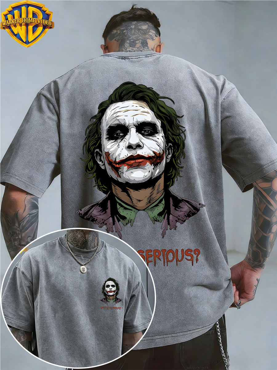 Warner Genuine Authorization, Men's Short Sleeved Heath Ledger Clown Print Pattern, American Retro Washed Distressed T-shirt, Suitable for Outdoor Sports, Daily Commuting, Machine Washable - Grey