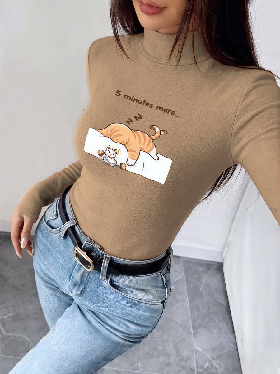 Women's New Autumn/winter Half-turtleneck Slim-fit Top, Can Be Worn as an Inner Layer or Outerwear, Made of Stretchy Fabric That Is Soft, Skin-friendly, and Warm, Featuring a Simple Waist-cinching Design, Versatile for Casual Attire. "cat Sleeping - Khaki