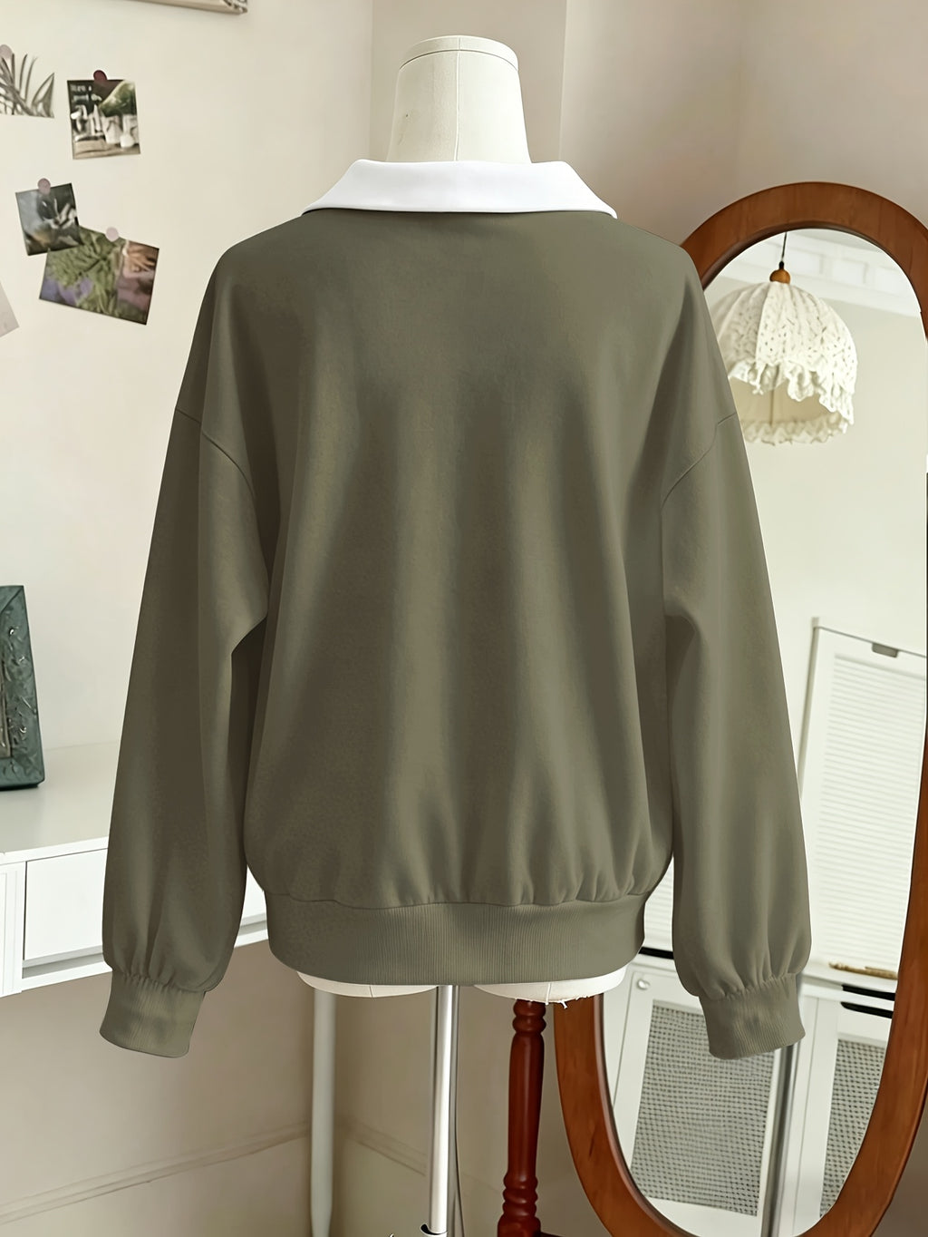 Women's Graphic Print Contrast Collar Polo V Neck Long Sleeve Sweatshirt, Loose Soft Casual Fall Winter Daily Wear - Olive Green