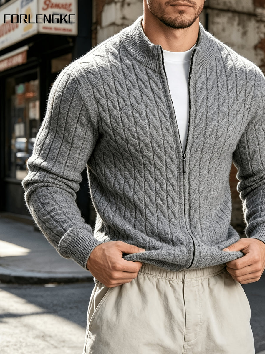 FORLENGKE Autumn/Winter Men's Zipper Cable Knit Cardigan, Three-Dimensional Twisted Floral Texture Knit Outerwear, Solid Color Simple Cuff Long Sleeve Top, Streetwear Commute Daily Casual Wear, Versatile Spring/Autumn Men's Outer Knit Cardigan - Grey