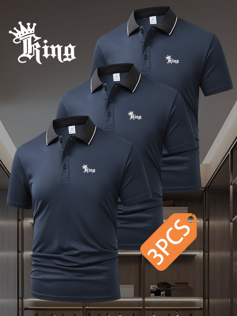 3pcs Set S20.32-2400.3 cmKING" Letter Logo New Men's Fashion Color-Block Quick-Dry Polo Shirt, Regular Fit Button Print, Golf Tennis Training Casual Sports Top - Navy Color