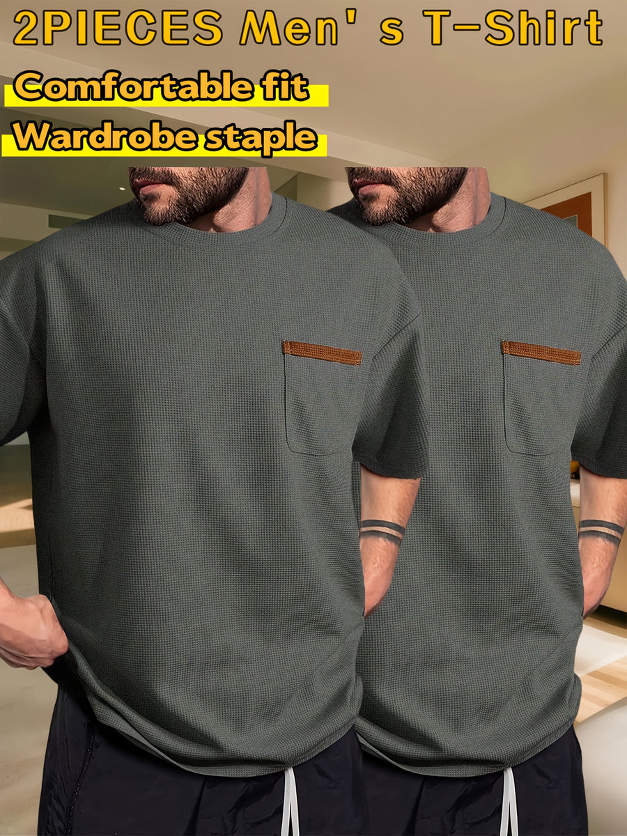 Men's Waffle-Knit Short Sleeve T-Shirt - Breathable Base Layer & Casual Round Neck Pocket Tee, Solid Color Suitable for Gym, Casual Attire, Machine Washable, Spring/Summer Layering Shirt, High-Fit Rate for Lifestyles - Dark Grey + Dark Grey