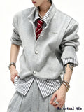 Men's Preppy Style Jacket, Ready-to-Ship Vintage Striped Shirt Collar Patchwork Cardigan Sweatshirt,  Streetwear Brand Designer Casual Outerwear - Grey