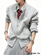 Men's Preppy Style Jacket, Ready-to-Ship Vintage Striped Shirt Collar Patchwork Cardigan Sweatshirt,  Streetwear Brand Designer Casual Outerwear - Grey