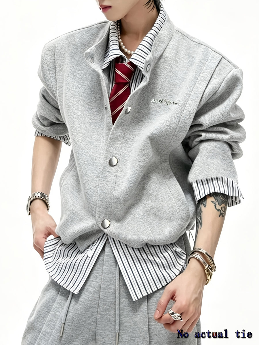 Men's Preppy Style Jacket, Ready-to-Ship Vintage Striped Shirt Collar Patchwork Cardigan Sweatshirt, Streetwear Brand Designer Casual Outerwear - Grey