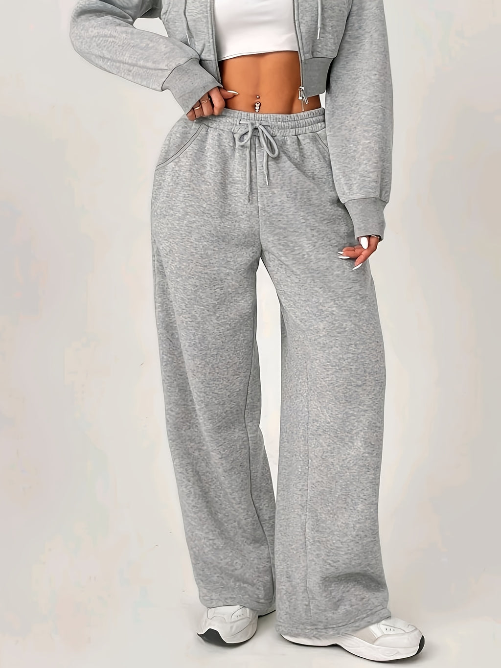 Women'S High-Waist Drawstring Casual Athletic Long Pants - Light Grey