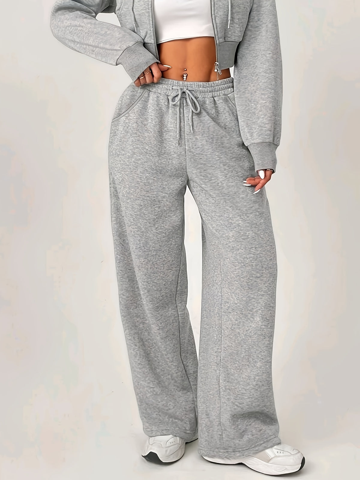 Women'S High-Waist Drawstring Casual Athletic Long Pants - Light Grey
