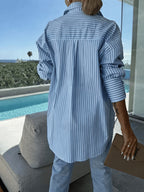 Women's Casual Loose-Fit Striped Shirt for Vacation - Light Blue
