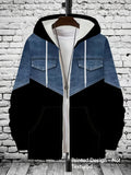 Men'S Fashion Contrast Faux Denim Print Hooded Zip-Up Sweatshirt, V-Print Design Not Textured - Mixed colors