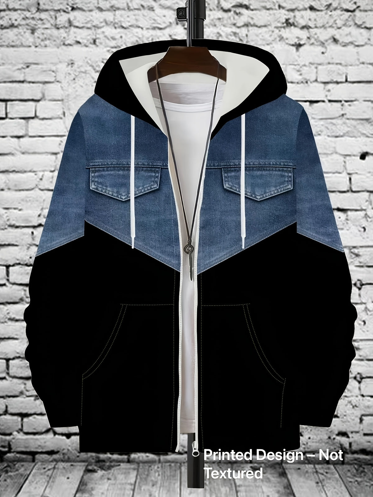 Men'S Fashion Contrast Faux Denim Print Hooded Zip-Up Sweatshirt, V-Print Design Not Textured - Mixed colors