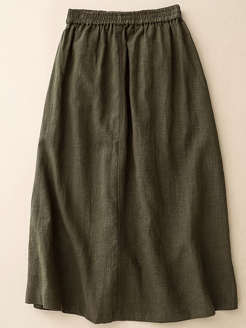 Vintage Women's Summer Elastic High-Waist A-Line Skirt with Button Placket, Draped Design, Wilderness-Inspired - Green