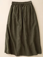 Vintage Women's Summer Elastic High-Waist A-Line Skirt with Button Placket, Draped Design, Wilderness-Inspired - Green