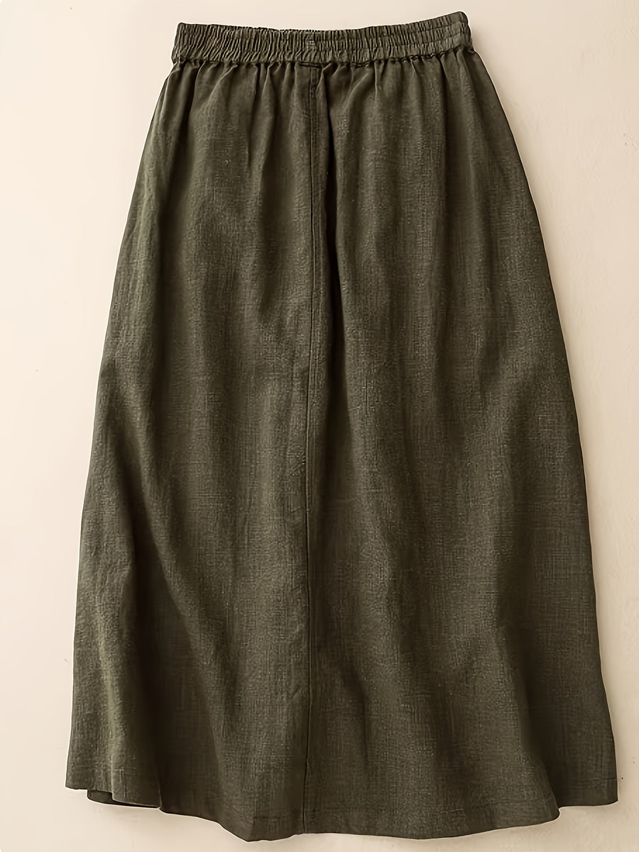 Vintage Women's Summer Elastic High-Waist A-Line Skirt with Button Placket, Draped Design, Wilderness-Inspired - Green