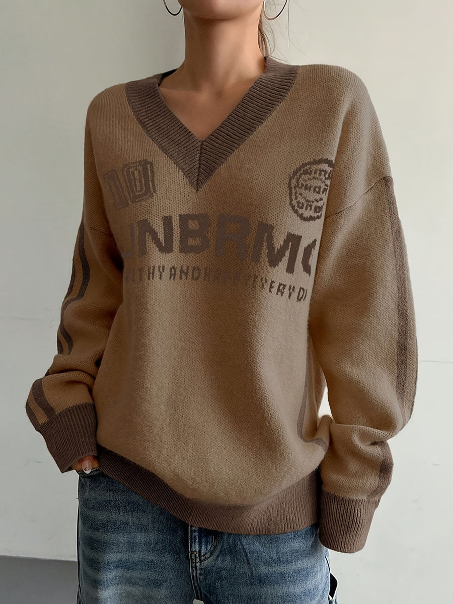 Women's Designer Academic Style V-Neck Vintage Streetwear Sweatshirt with American Lettering and Color Blocking - Coffee Color