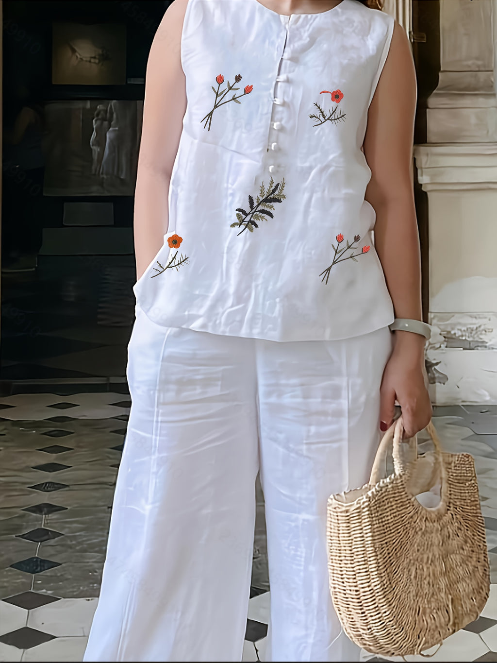 Chinese Style Embroidered Women's Set, Breathable Vest and Pants Outfit - Two-Piece Casual Elegant Ensemble - White