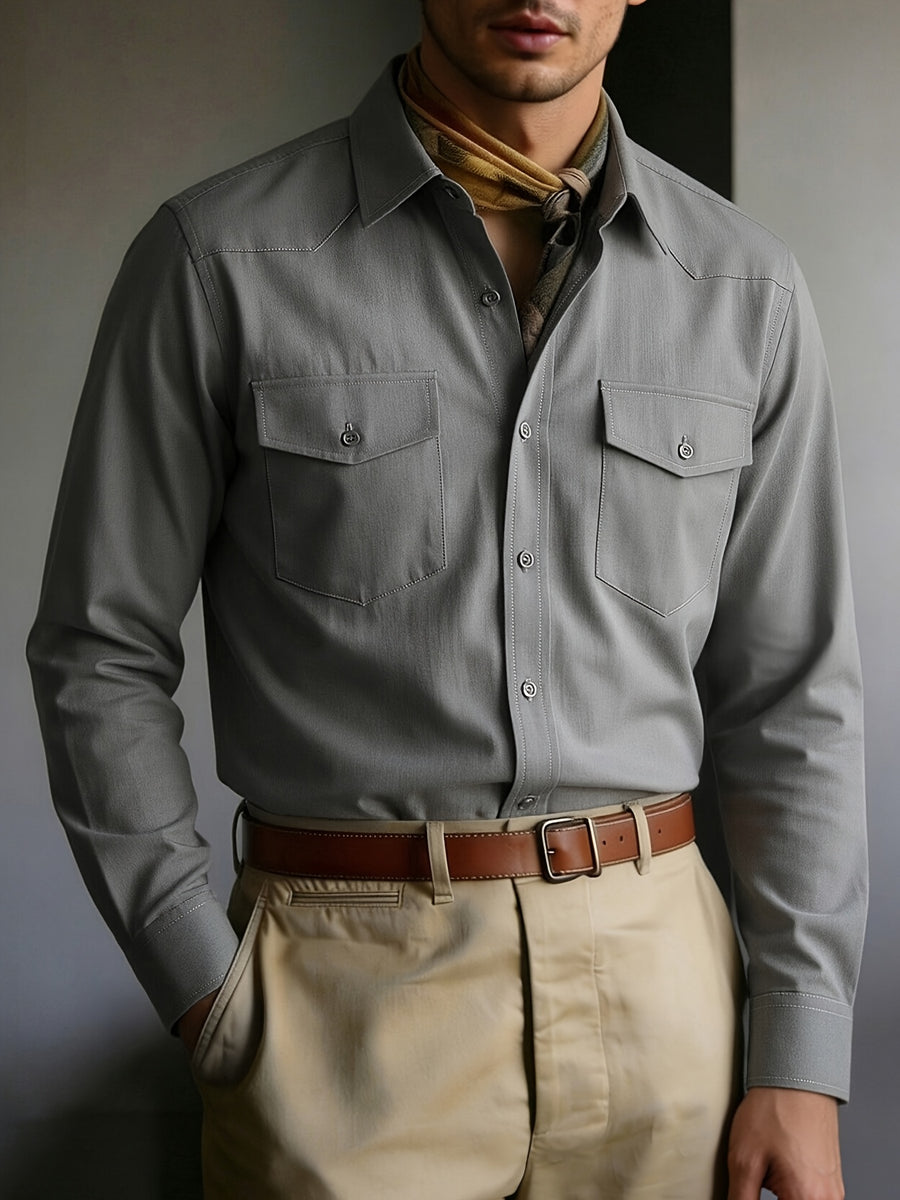 Men's Solid Color Button- Shirt with Double Pocket Collar - Machine Washable Long Sleeve Work Shirt Suitable for Business Casual, Commuting & Office Wear, Button-Front Collar Top for Spring/Autumn Layering (Adult Gift), father's day - Grey
