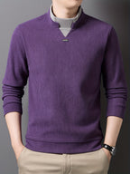 New High-Neck Men's Base Layer Shirt, Fashionable Trendy Casual -Lined Warm Sweater, Stylish Skin-Friendly Men's Autumn-Winter Knit Top F2136 - Purple