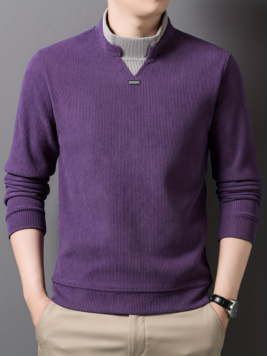 New High-Neck Men's Base Layer Shirt, Fashionable Trendy Casual -Lined Warm Sweater, Stylish Skin-Friendly Men's Autumn-Winter Knit Top F2136 - Purple