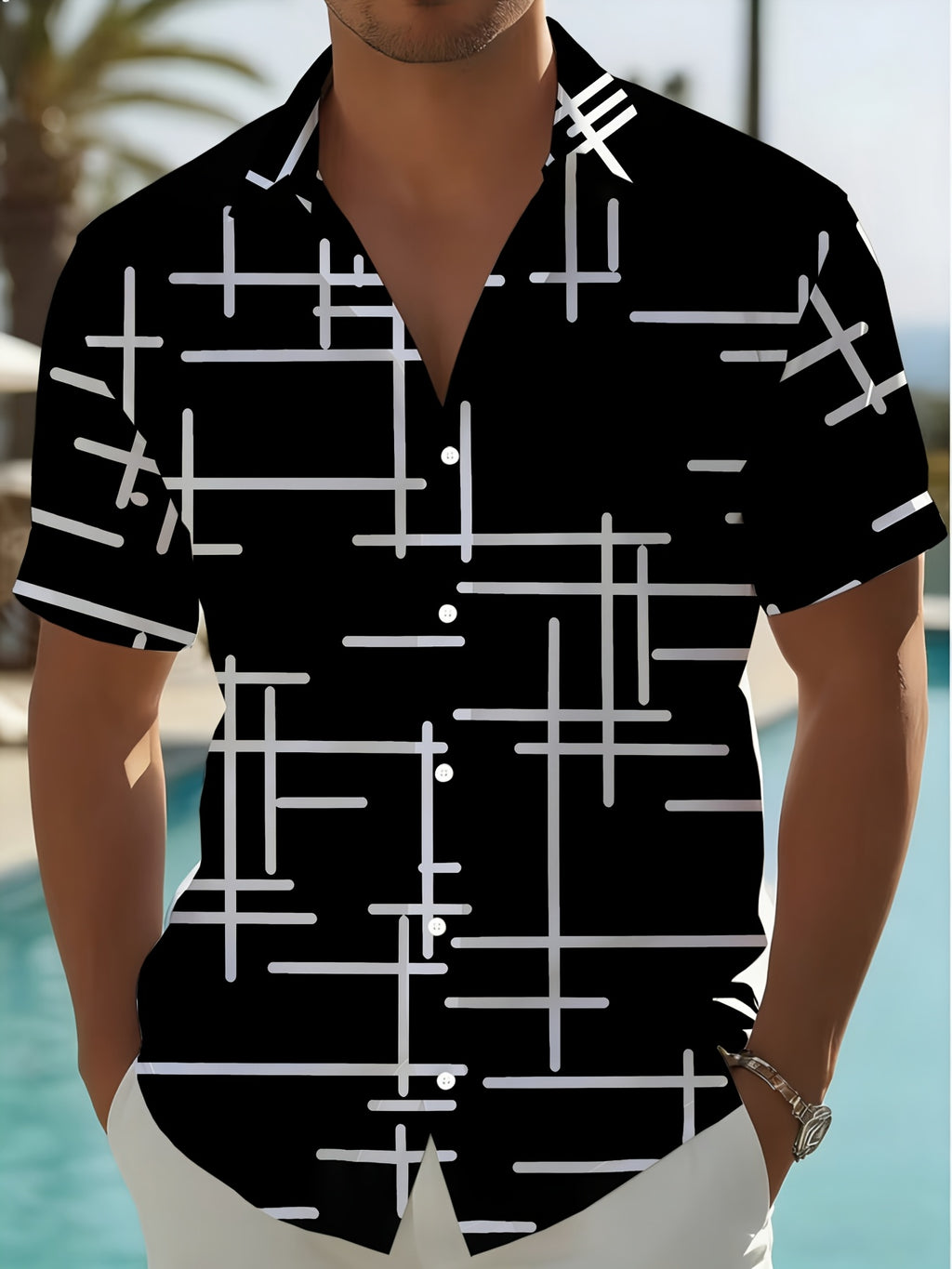 Men's Minimalist Geometric Short-Sleeve Shirt, Cool Street Style, All-Over Black and White Contrasting Line Print, Loose Fit Top, Suitable for Streetwear, Casual, and Daily Wear - Mixed colors