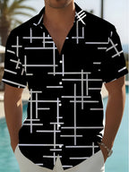 Men's Minimalist Geometric Short-Sleeve Shirt, Cool Street Style, All-Over Black and White Contrasting Line Print, Loose Fit Top, Suitable for Streetwear, Casual, and Daily Wear - Mixed colors