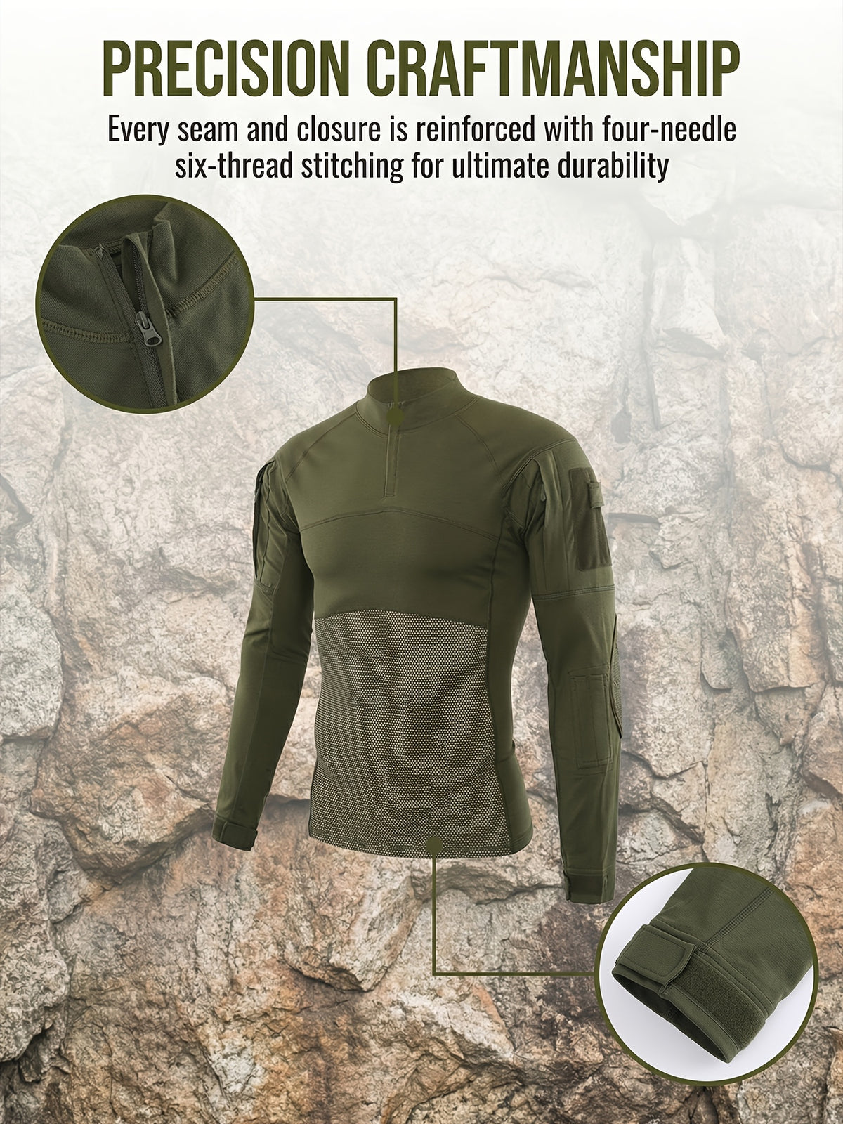 ESDY 1-Piece Men's Stand Collar Tactical BDU Sweatshirt, Large Mesh Breathable Half-Zip Outdoor Combat Top, Chest and Back Mesh Breathable Training Wear - Military Green